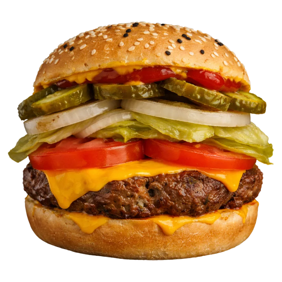 Hamburguesa artesanal al carbón con queso, jitomate y pepinillos de Brasa Tijuana